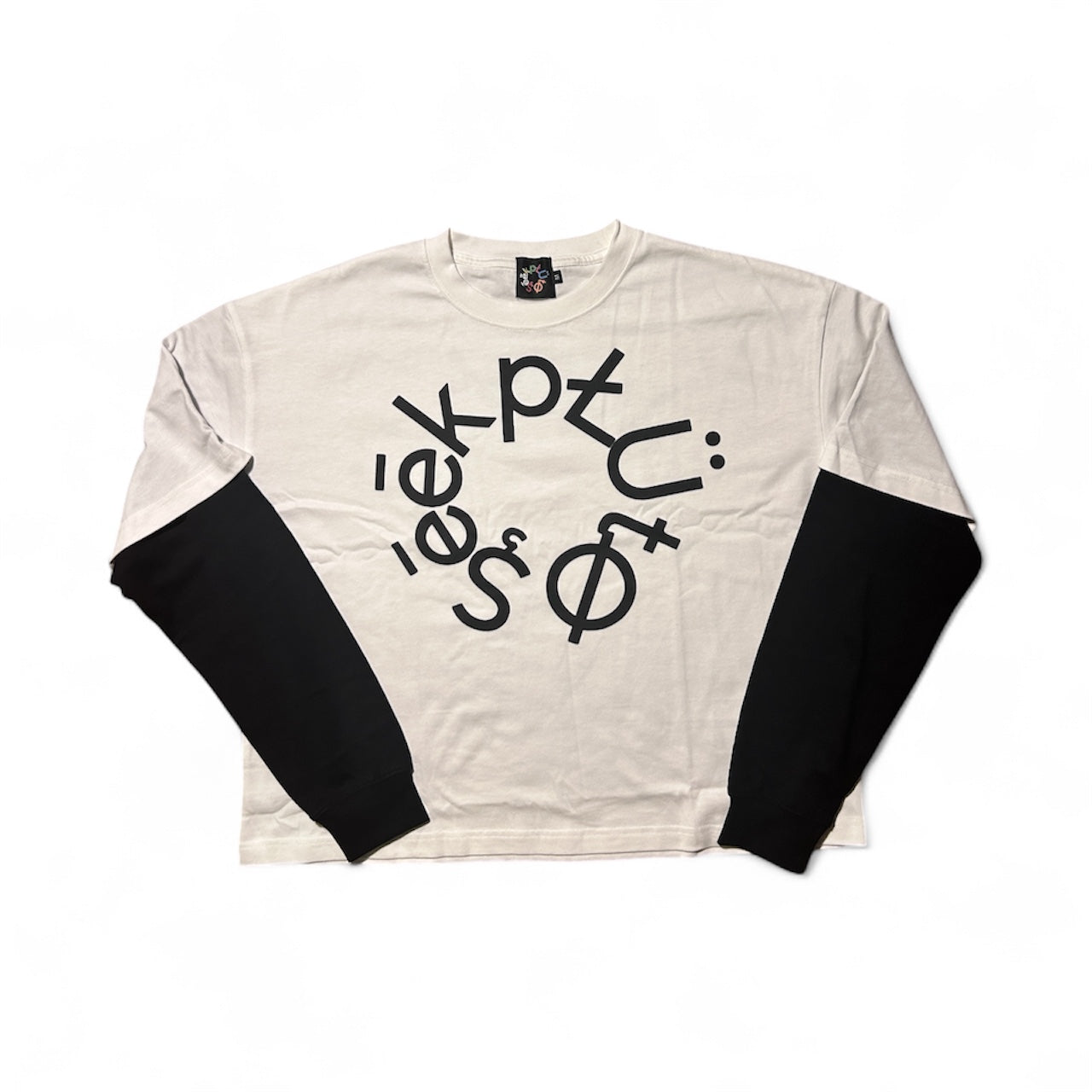 White long-sleeve shirt with black text design on a white background
