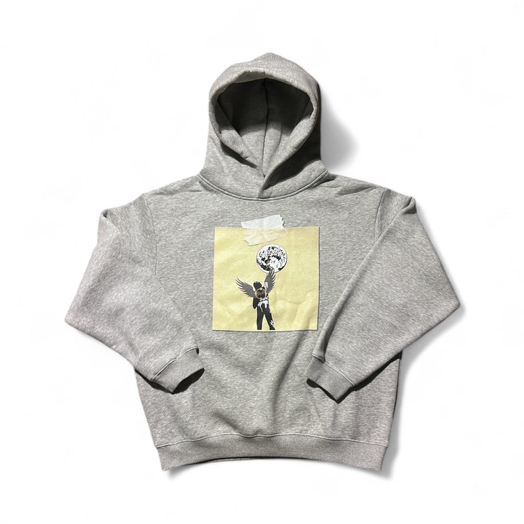 Gray hoodie with a graphic design on a white background